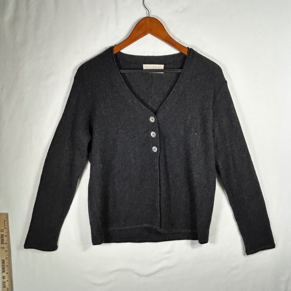 Inkas Smaki 100% Baby Alpaca V-Neck Cardigan Sweater Charcoal Gray Women L